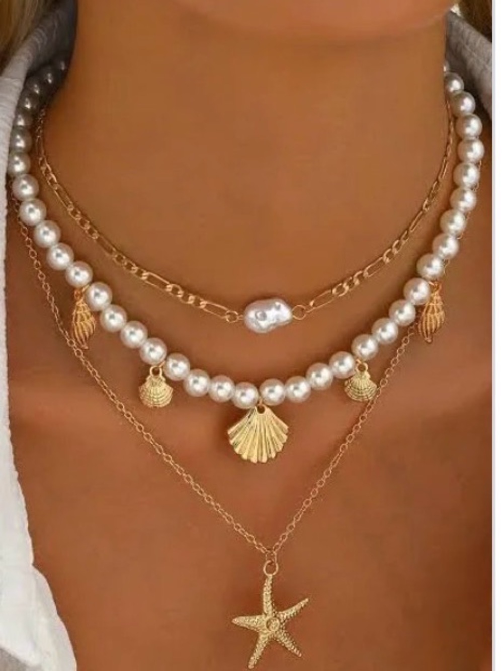 Gold & White Pearl Layered Seashell Necklace Set